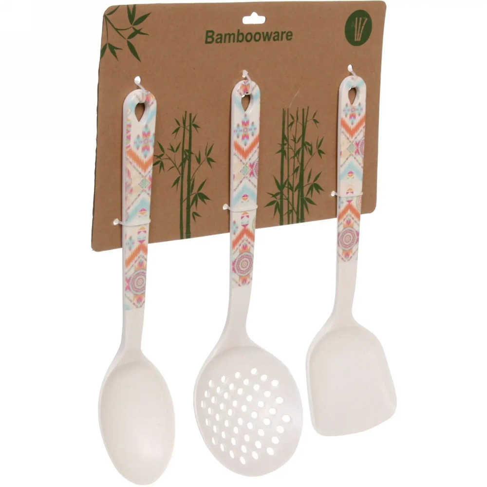 Набор кухонных принадлежностей 3шт бамбуковых «Eco Life» (Ложка, Шумовка, Лопатка), орнамент