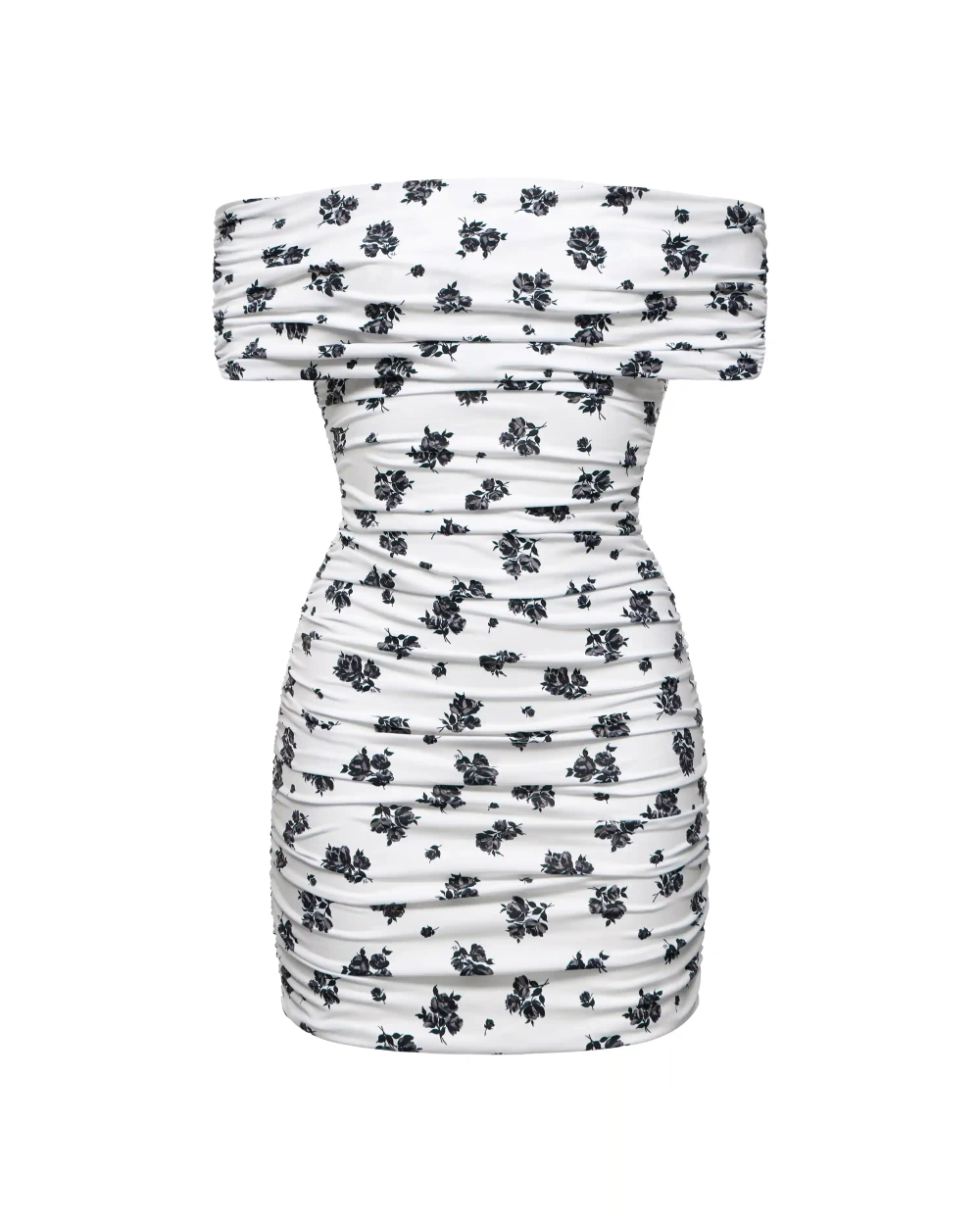 Iren mini, платье мини драпированное из молочного бифлекса с цветочным принтом