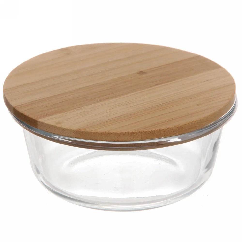 Контейнер стеклянный 400мл «Хай-Тек» круглый с бамбуковой крышкой