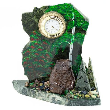 Часы "Мишка в лесу сидящий" змеевик 80х130х160 мм 1000 гр. R116054