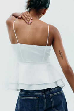 ZARA КОМБИНИРОВАННЫЙ ТОП С БАСКОЙ, БЕЛЫЙ
