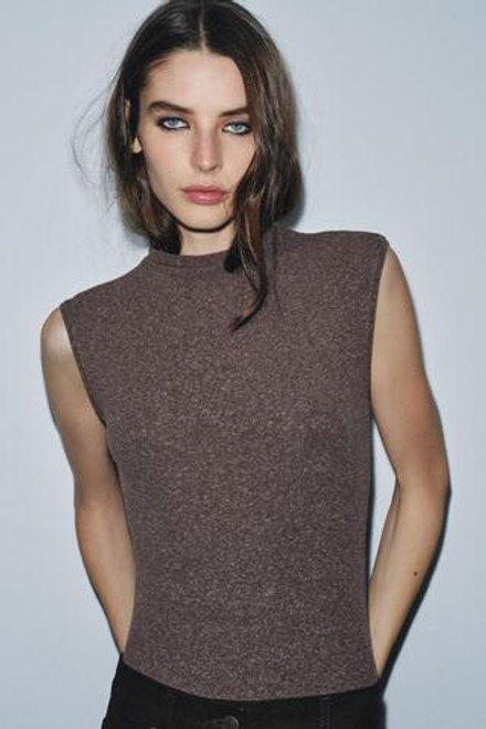 ZARA МЯГКОЕ БОДИ С ВОРОТНИКОМ-СТОЙКОЙ, КОРИЧНЕВЫЙ МЕЛАНЖ