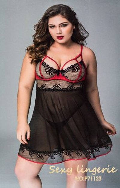 Полупрозрачная сорочка с контрастными стреп-лентами (Размер: L-XXL) (Цвет: черный с красным)