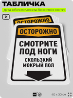 Табличка для обеспечения безопасности "Осторожно, смотрите под ноги, скользкий мокрый пол", для офиса, по охране труда для предприятия, организаций, 40х30 см, Silver Plane x Айдентика Технолоджи