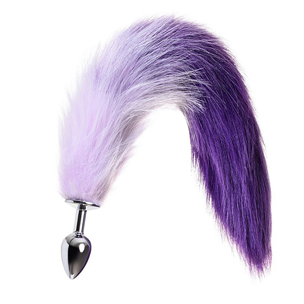 Серебристая металлическая анальная втулка 45см с фиолетово-белым хвостом размер S ToyFa Metal 712027-S