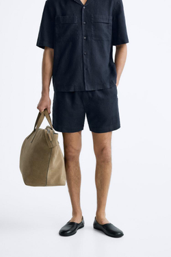 ZARA ШОРТЫ ИЗ 100% ЛЬНА, МОРСКОЙ СИНИЙ