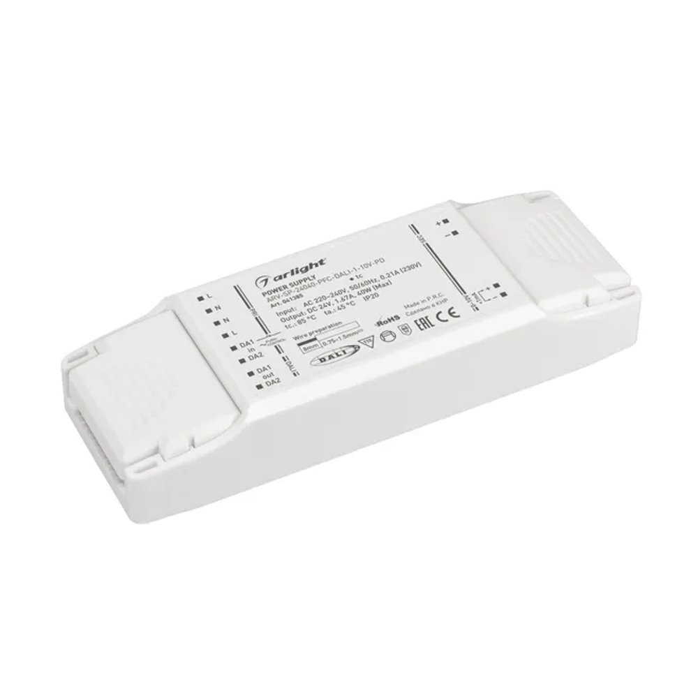 Блок питания ARV-SP-24040-PFC-DALI-1-10V-PD (24V, 1.67A, 40W) (Arlight, IP20 Пластик, 5 лет) 041385
