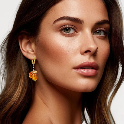 Серьги с янтарём и жемчугом золотистым