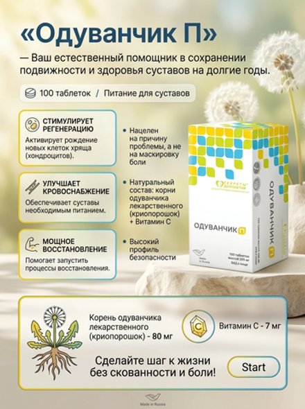 Одуванчик П таб. № 100 - оздоровление суставов, жизнь без артрита и артроза