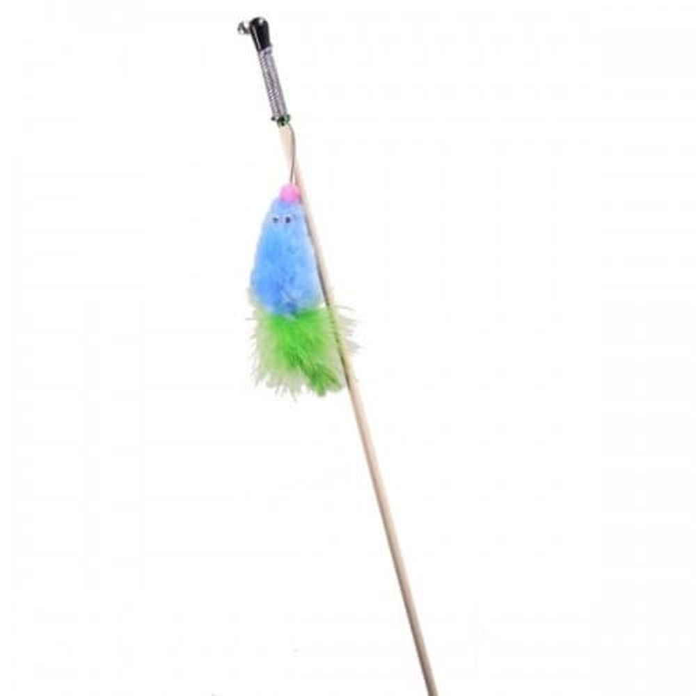 Махалка Мышь с мятой голубой мех с хвостом перо на веревке GoSi этикетка флажок sh-07184