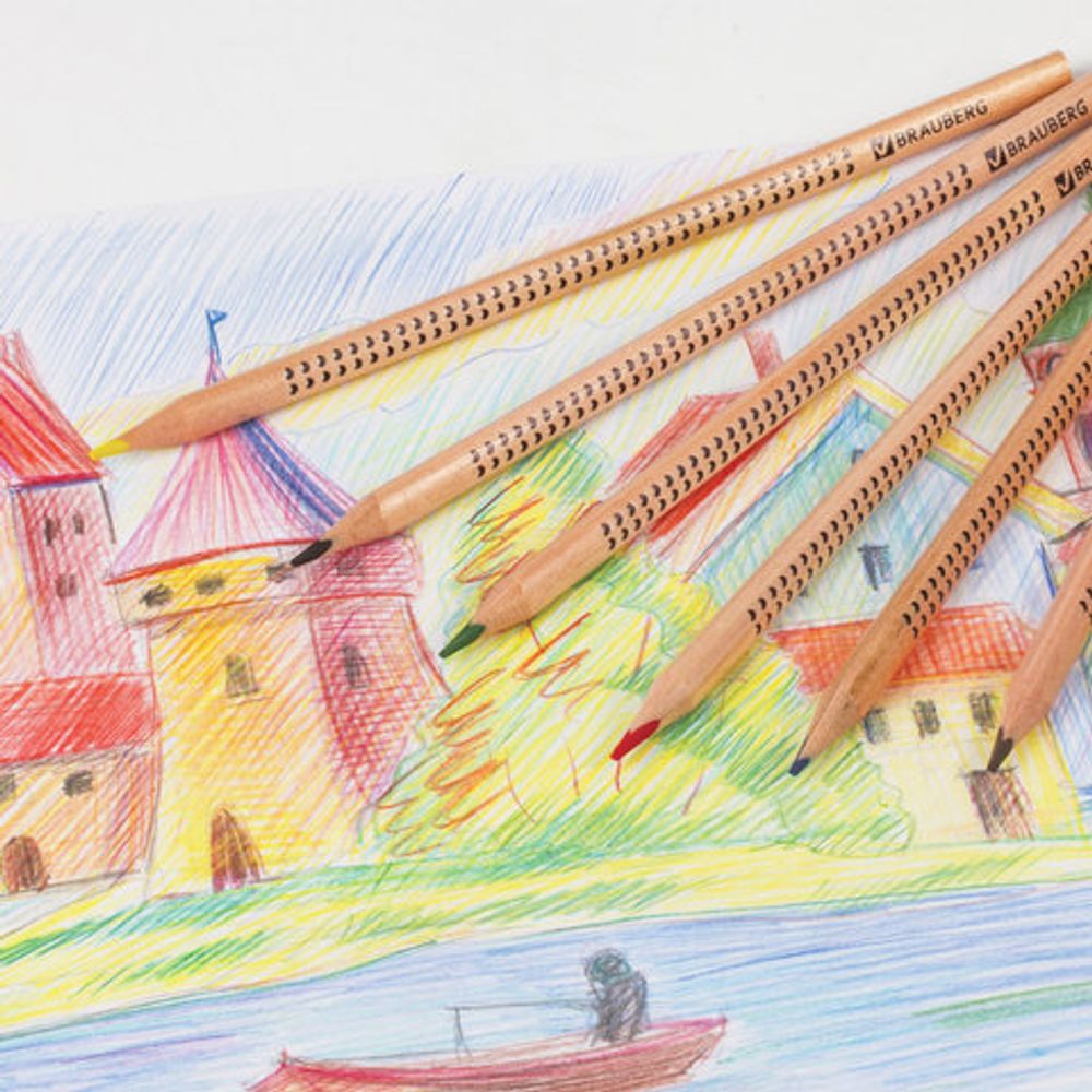 Карандаши цветные BRAUBERG "Цветы", набор 6 цветов, трехгранные, лакированное дерево, 181287