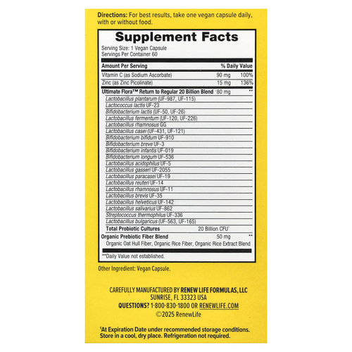 Renew Life, Ultimate Flora™, возврат пробиотиков в рацион, 60 веганских капсул