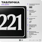 Адресная табличка с номером дома 221, на фасад и забор, черная, 25х25 см, Айдентика Технолоджи