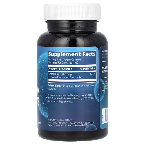 MRM Nutrition, пиколинат хрома, 100 веганских капсул (200 мкг в 1 капсуле)