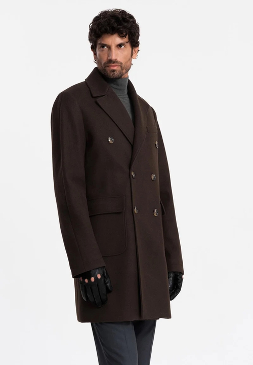 Мужское пальто двубортное (коричневое) Т27