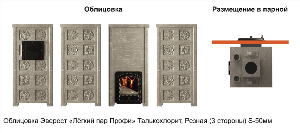 Печь Эверест "Легкий пар Профи" каменка из нерж. стали, Талькохлорит, S-50 мм, Резная (3 стороны)