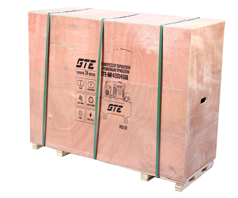 Компрессор пневматический 220В 3.0кВт 8атм. 400л/мин. ресивер-200л ременной GTE