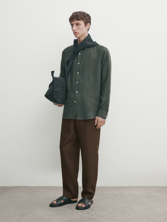 Massimo Dutti Рубашка облегающего кроя из 100% льна, пестро-зеленый