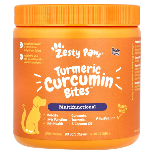 Zesty Paws, Куркума, куркумин для собак, для всех возрастов, утиный вкус, 90 жевательных таблеток