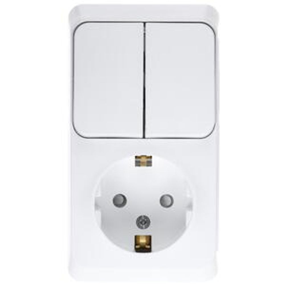 Schneider Electric ЭТЮД Белый Блок: Розетка с заземляющими контактами со шторками + выключатель 2-клавишный открытая установка BPA16-202B