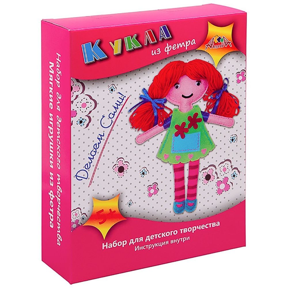Набор для изготовления куклы из фетра Апплика 200х155х50 мм, картонная упаковка, "Кукла в зеленом платье"