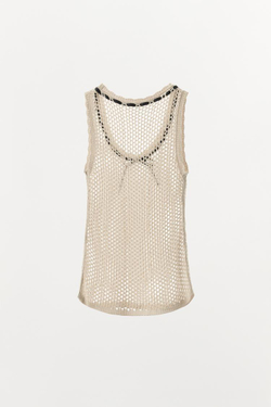 ZARA ТОП ИЗ АЖУРНОГО ТРИКОТАЖА С КОНТРАСТНЫМ БАНТОМ, ЖЕЛТОВАТО-БЕЛЫЙ
