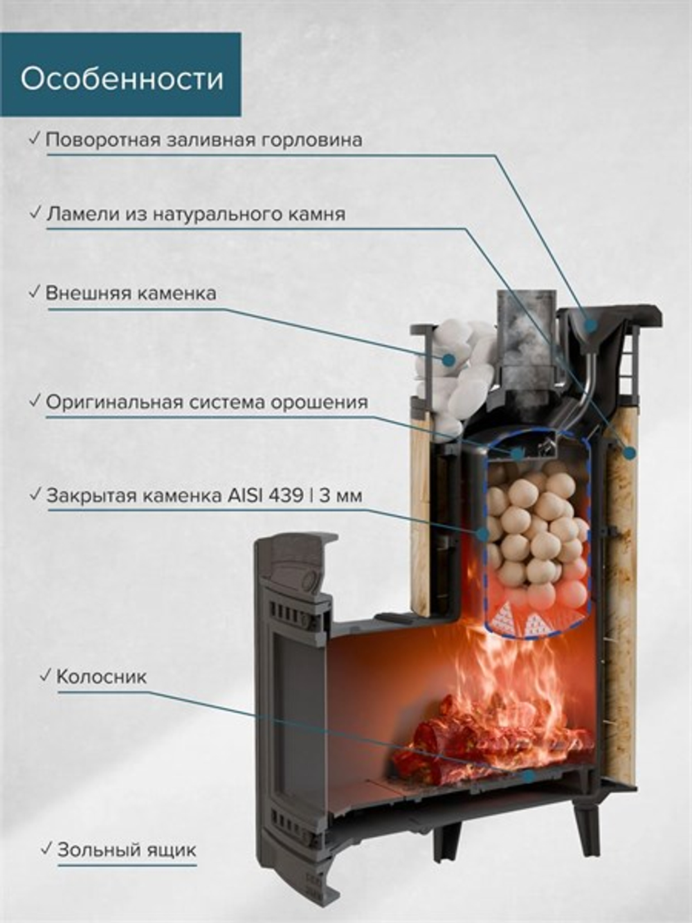 Банная печь «Атмосфера XL» Окаменевшее дерево ЛАМЕЛЬ+СЕТКА