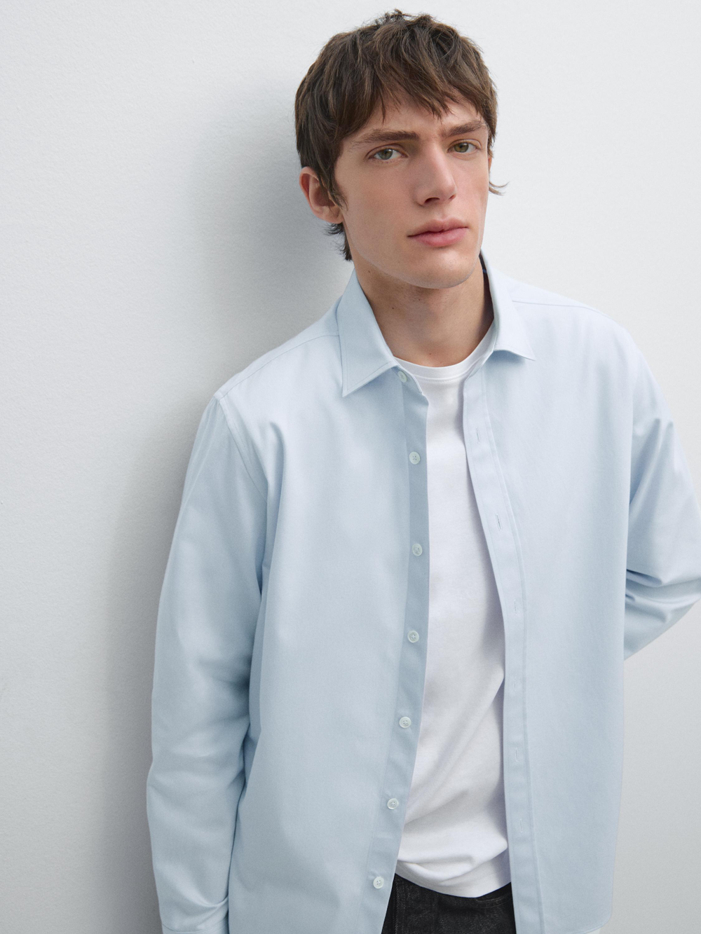 Massimo Dutti Рубашка классического кроя из хлопковой смеси, небесно-голубой