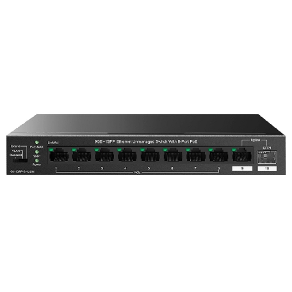Коммутатор IP-COM G1110PF-8-120W Коммутатор неуправляемый PoE, 10 портов, 9x1 Гбит / с, SFP 1х1 Гбит / с, PoE 8х30 Вт (до 102 Вт), настольный