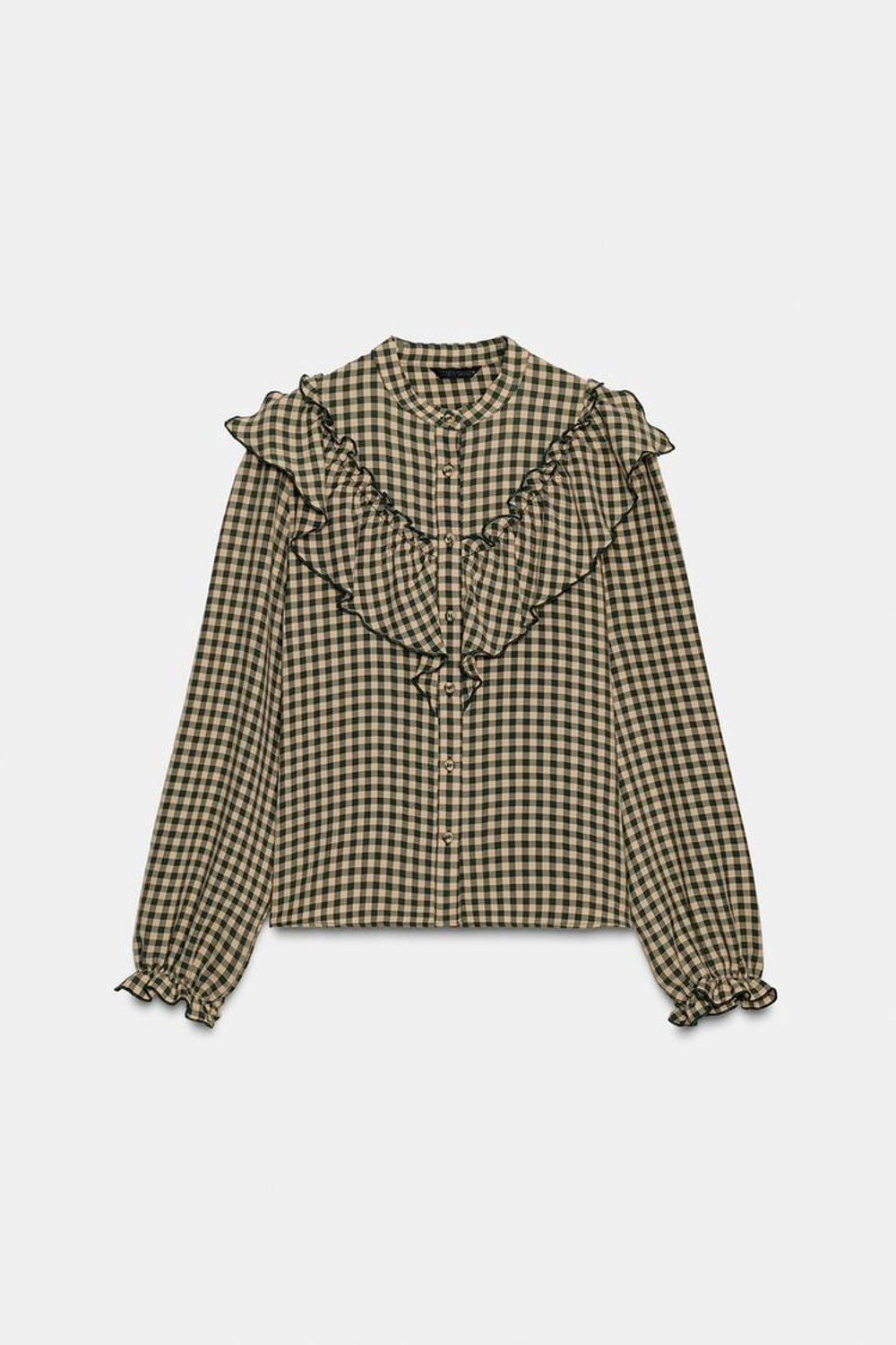 ZARA БЛУЗА В КЛЕТКУ ВИШИ С ВОЛАНАМИ, ЗЕЛЕНЫЙ/ЭКРЮ