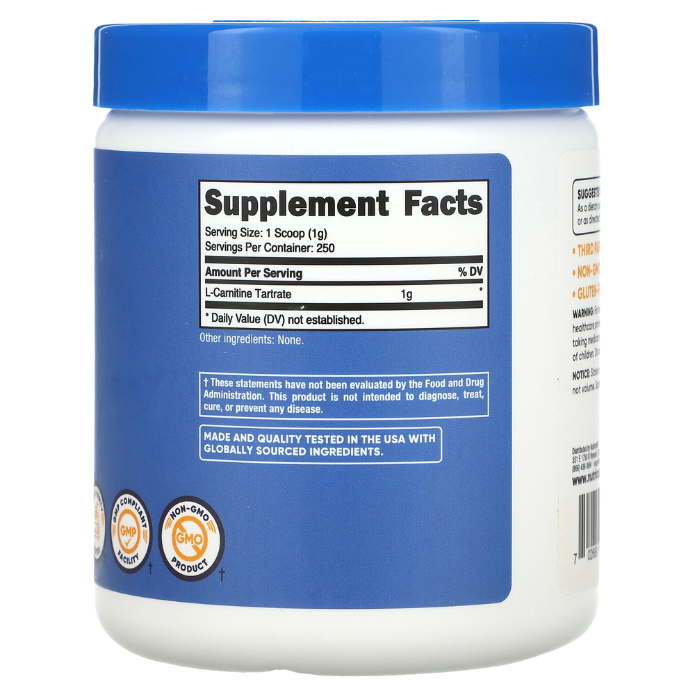 Nutricost, L-карнитин тартрат, без добавок, 250 г (8,8 унции)