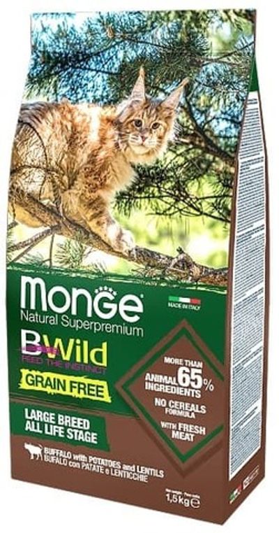 Сухой корм Monge Cat BWild GRAIN FREE для котят и крупных кошек из мяса буйвола, пакет 1,5 кг