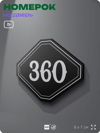 Номерок на дверь квартиры 360, для кабинета, офиса, шильдик 9 х 7 см, черный, Айдентика Технолоджи