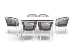 "Малага" обеденная группа на 6 персон со стульями "Марсель", каркас белый, роуп светло-серый