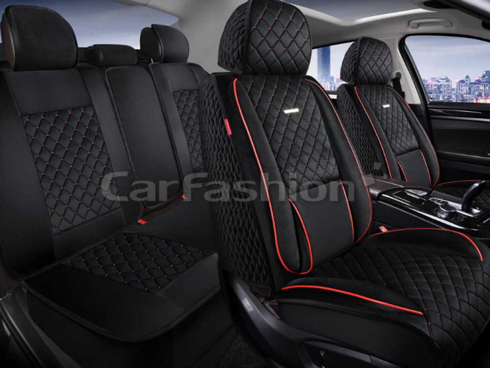 Накидки сидений ПОЛНЫЙ CarFashion (кт) -«ARMADA PLUS» 27349 -Велюр черн/красн (поддержк поясниц+бок