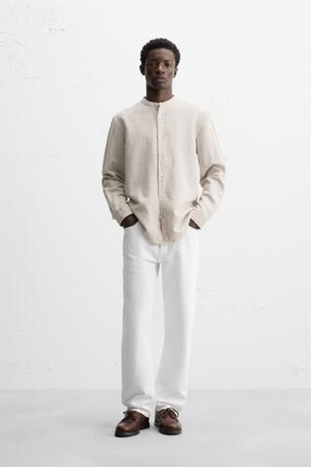 ZARA РУБАШКА ИЗ ХЛОПКА И ЛЬНА, СВЕТЛО-БЕЖЕВЫЙ