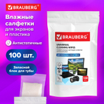 Салфетки для экранов всех типов и пластика (запасной блок) BRAUBERG пакет 100 шт. влажные (5 штук в упаковке)