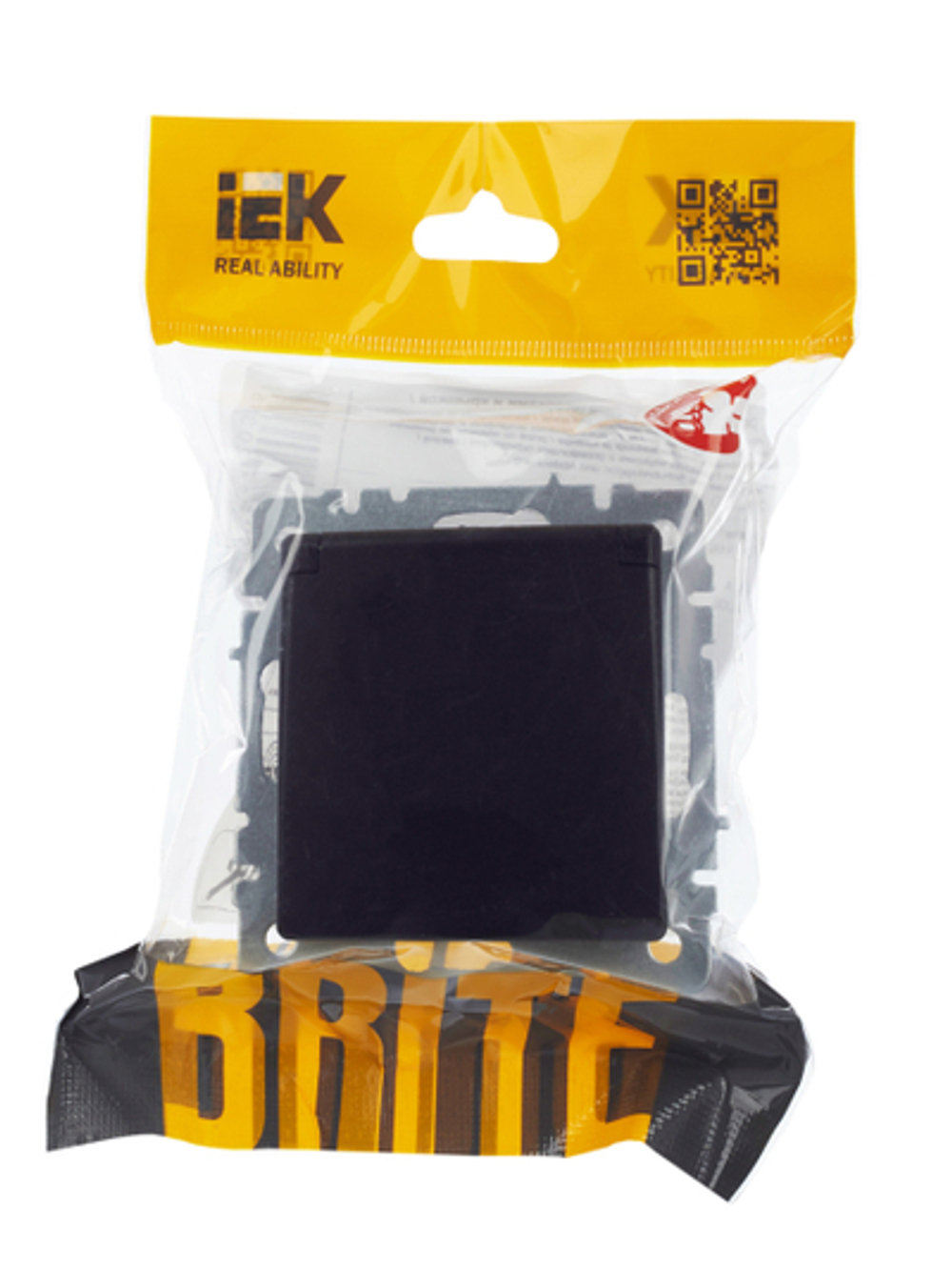 BRITE Розетка 1-местная с заземлением с защитными шторками и крышкой 16А IP44 РСбш10-3-44-БрЧ черный IEK