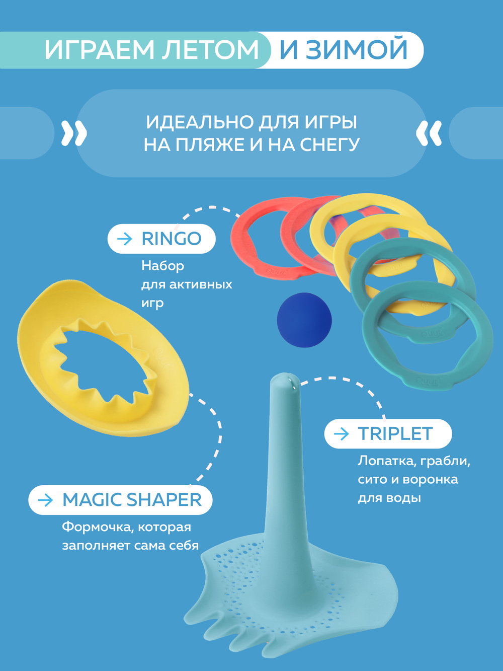 Пляжный набор Quut (Triplet + Ringo 6 + солнышко SunnyLove) в пляжном мешке