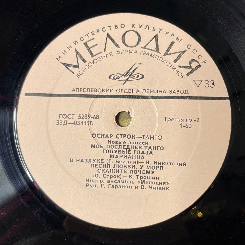 Винтажная виниловая пластинка LP Оскар Строк Танго (СССР 1973)