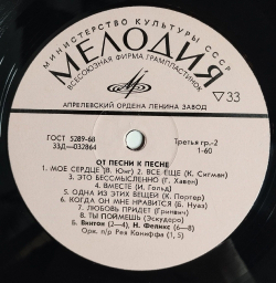 Винтажная виниловая пластинка LP Сборник От Песни К Песне (СССР 1973)