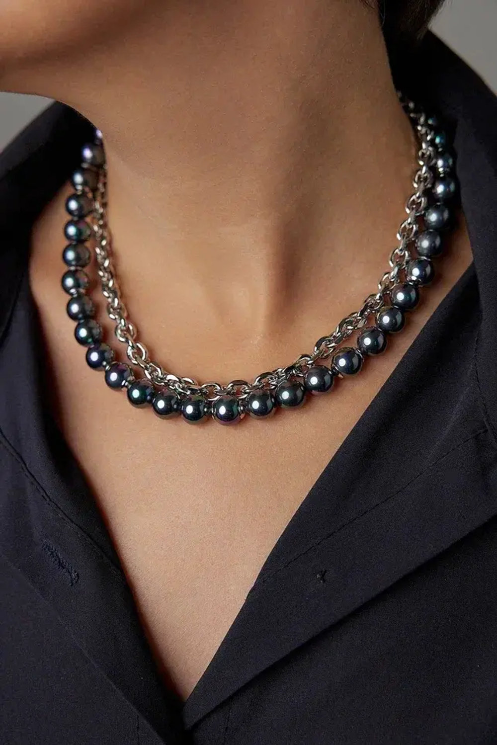 Колье Твин 2 ряда бензинового жемчуга и цепь ролло, оттенок серебро