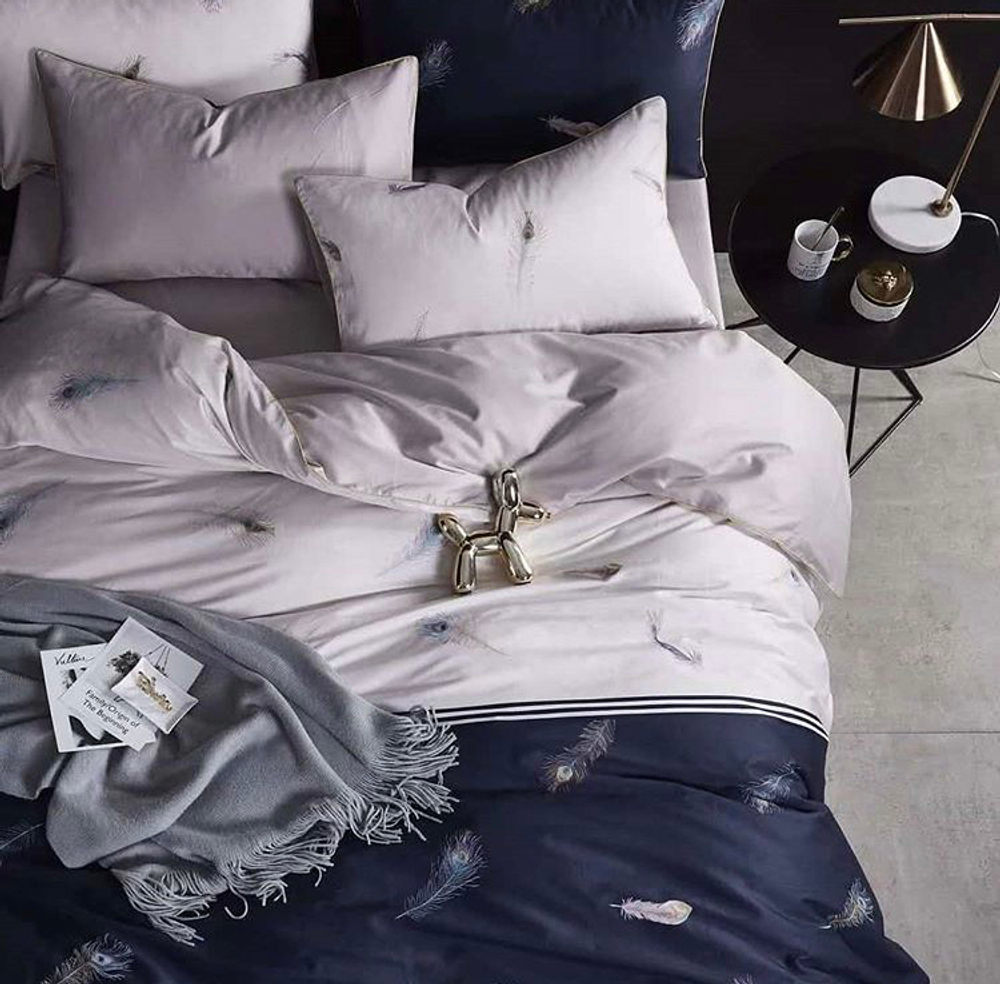 Постельное белье ЕВРО (двуспалка) Египетский Хлопок Перья на синем 2