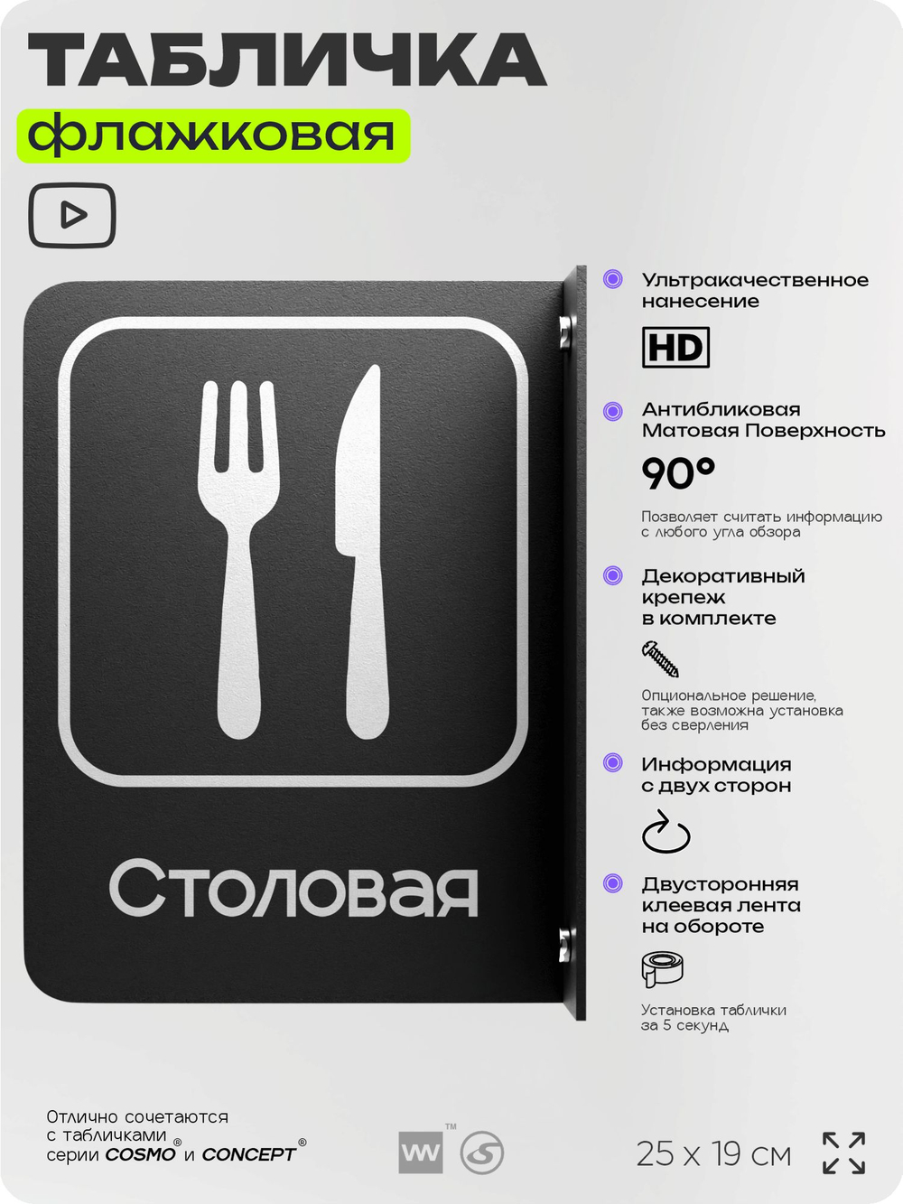 Табличка Столовая флажковая на стену, двусторонняя с крепежом, 19 х 25 см, для офиса, кафе, ресторана, серия COSMO, Айдентика Технолоджи