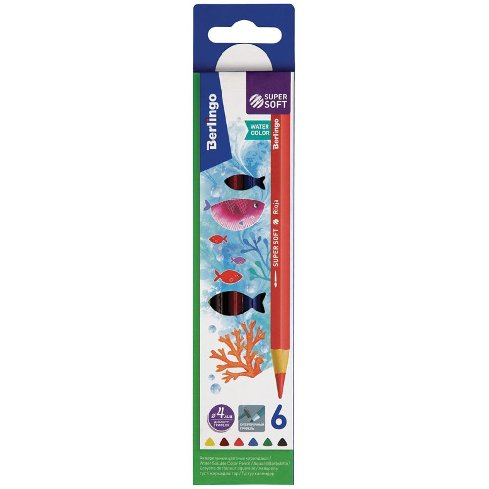 Карандаши акварельные Berlingo "SuperSoft. Рыбки", 06цв., трехгран., заточен., картон, европод