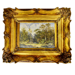 Н/х. Лесной пейзаж с аистами. Дерево, масло. Европа, сер. XIX в.