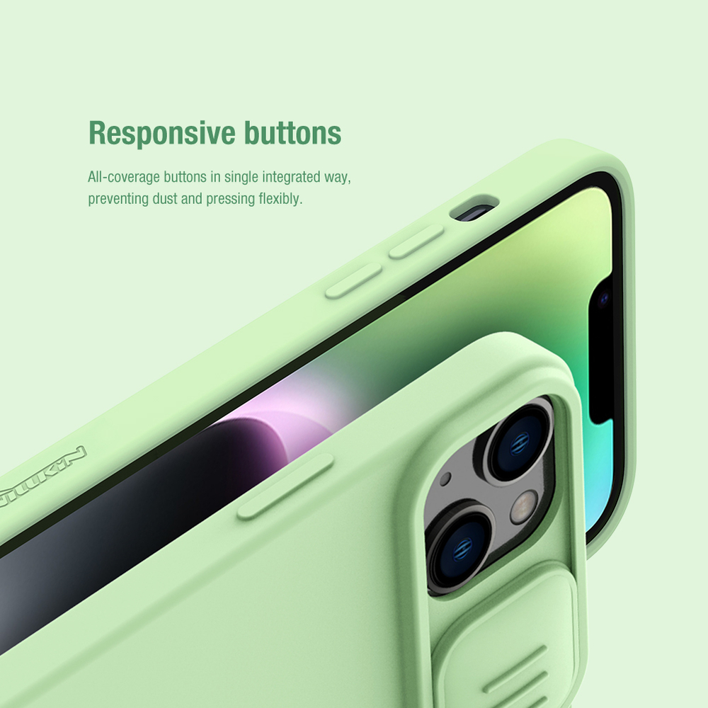 Чехол с шелковистым покрытием зеленого цвета (Mint Green) от Nillkin для iPhone 15, серия CamShield Silky Magnetic Silicone Case (поддержка беспроводной зарядки MagSafe)