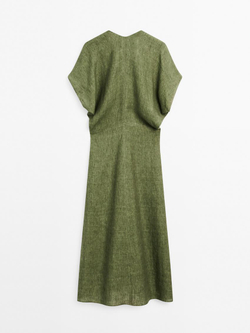 Massimo Dutti Льняное платье миди с короткими рукавами, зеленый