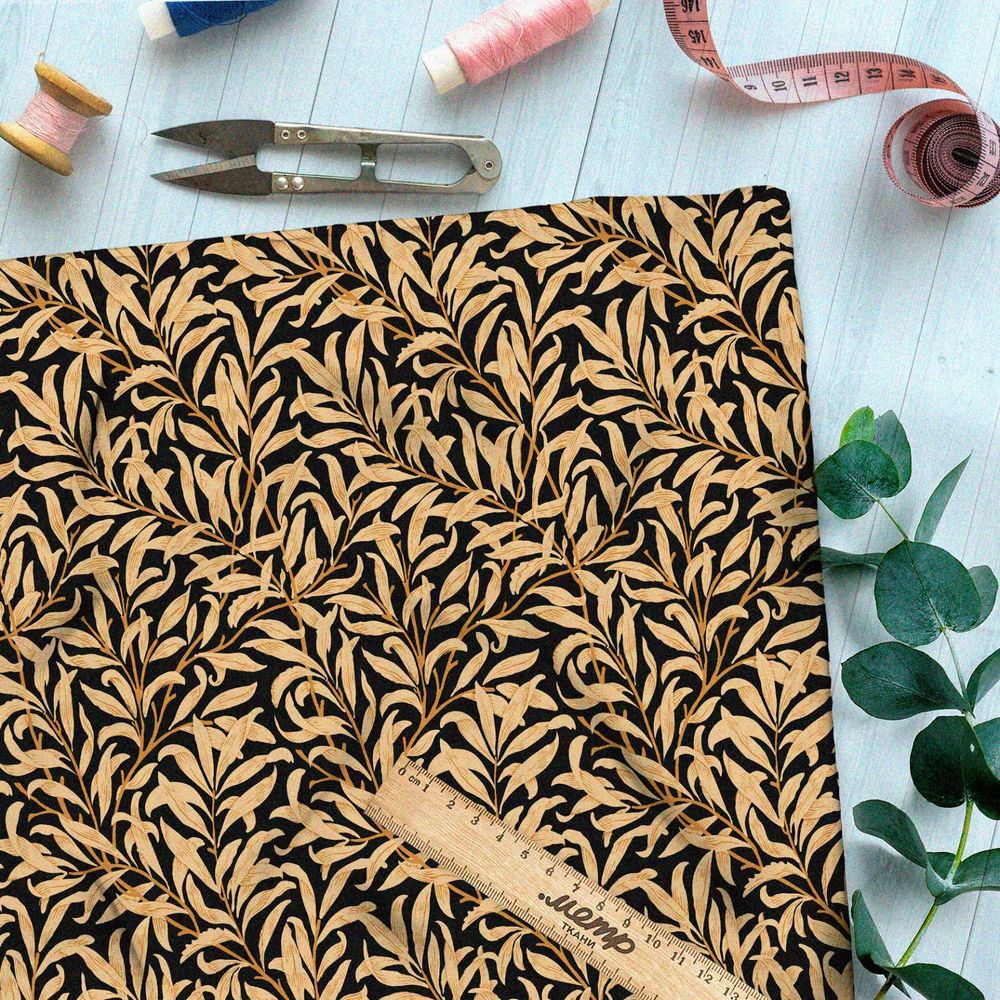 Ткань поплин бронзовый папоротник на чёрном фоне