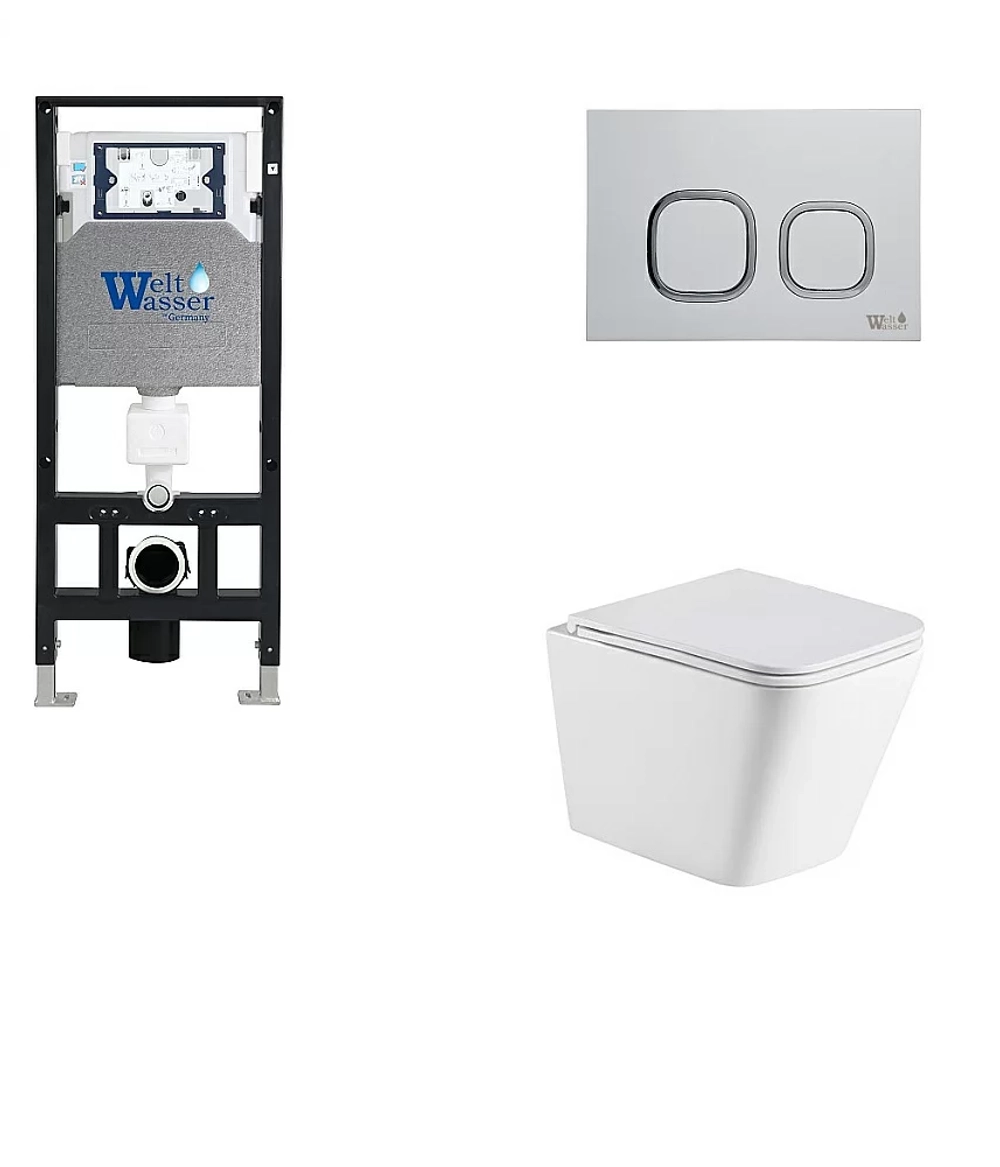 Унитаз подвесной WeltWasser AMBERG 506 + GELBACH 043 MT-WT + AMBERG RD-WT белый матовый, безободковый, с крышкой микролифт, слив-торнадо, с инсталляцией и белой кнопкой